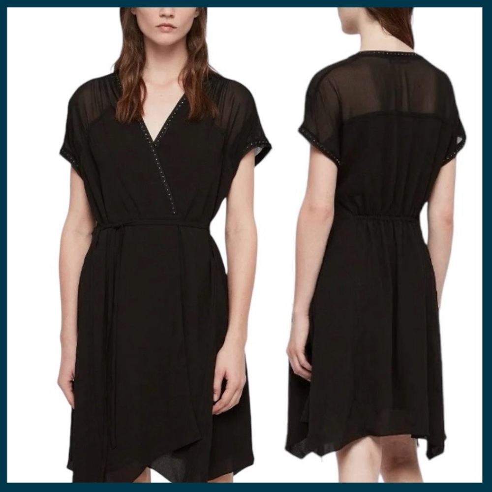 All Saints Black Claria Asymmetrical Wrap Dress (M)